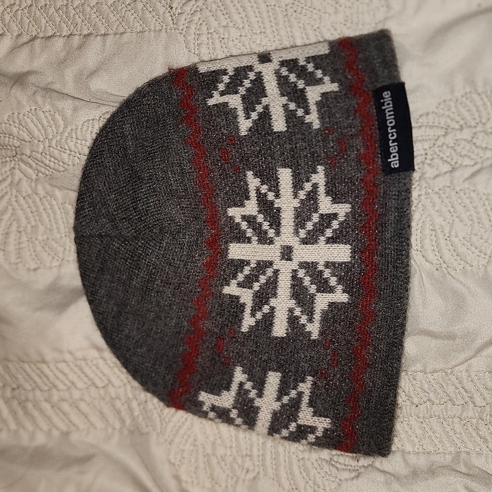 Abercrombie boys beanie hat wool warm snowflake preppy grey white